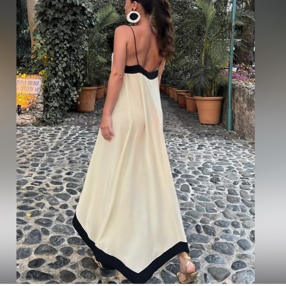 Cream & black stripe asymmetrical spaghetti strap v neck flowy casual maxi dress - Picture 3 of 6